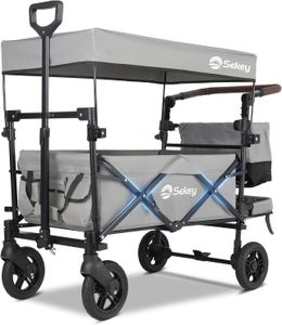 Sekey Kids Folding Wagon with Canopy – Shockproof Wheels, 100kg Capacity, Grey