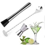 Muddler kit Stainless Steel Cocktail Muddler, Mixing Spoon with Masher, Jigger Dual Spirit Measure Cup, Bar Tool Essentials set of 3 (SLIVER)