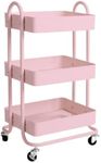 Levede 3 Tiers Kitchen Trolley Cart Steel Storage Rack Shelf Organiser Pink, Metal Utility Cart, 3-Tier Kitchen Trolley with 4 Wheels, Rolling Storage Cart Trolley for Kitchen Storage & Organisation