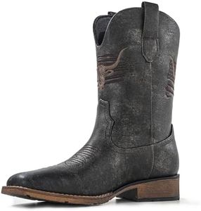 MacePhenoMelon Square Toe Cowboy Boots for Men Classic Western Boots Black Men's Pull On Retro Chunky Short Country Boots BTT-G-7