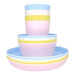 Bloomsworld Toddler Dining Set, 4 Plastic Cups, Bowls and Plates, Reusable, BPA Free, Kids Picnic and Party Tableware for Boys and Girls - Pastel