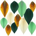 ADLKGG Green Gold Hanging Paper Leaves wall Backdrop Decor, Paper Palm Leaves Fan Party Decorations for Forest Birthday Party Tropical Jungle Theme Classroom Decor, 12pcs