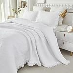 Brandream White Quilt Set Queen Size Bedspreads Cotton Luxury Paisley Matelasse Bedding Farmhouse Ruffle Bedspread Set 3-Piece