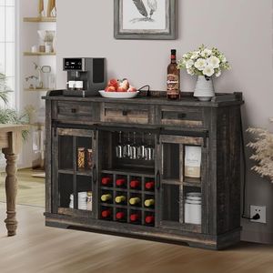 DWVO Farmhouse Coffee Bar Cabinet，53” Kitchen Sideboard Buffet Cabinet with Storage, 3 Drawers & Sliding Barn Door, Storage Cabinet with Glass Door for Kitchen & Living Room, Dark Rustic Oak