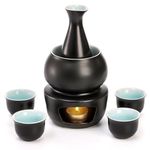 Foraineam Ceramic Sake Set with Warmer, Japanese Style Porcelain Hot Saki Drink Warmer Set, 7 Pieces Set Including 1 Stove, 1 Warming Bowl, 1 Sake Bottle, 4 Sake Cups