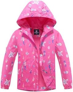 MGEOY Girls Rain Jacket Lightweight Waterproof Hooded Cotton Lined Raincoat Windbreaker for Kids Rose 7/8