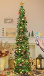 HMASYO 6 FT Pop Up Christmas Tree with 100 LED Lights & Remote, Green Christmas Tinsel Tree, Collapsible Artificial Pencil Tree for Home Office Party Decor, USB Powered Timer Lights, Easy Assembly