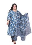 Swasti Women Plus Size Blue Floral Print Pure Cotton Straight Kurta, Dupatta & Pant Suit Set (50), 5XL