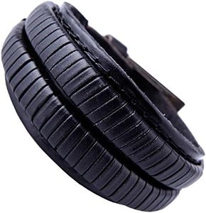 Urban Jewelry Elegant Coal Black Cuff Genuine Leather Bracelet for Men (Metal Buckle Clasp)
