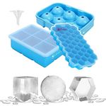 Vinsani 3 Pack Ice Cube Tray with Removable Lid Easy-Release Silicone Flexible Ice Ball Mould, Square Ice Cube Maker and Honeycomb Ice Cube LFGB Certified and BPA Free Stackable Durable – Blue