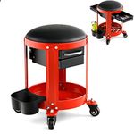 TANGZON Rolling Workshop Creeper Seat, Rolling Mechanic Creeper Stool with 4 Universal Wheels, Double Drawers & Can Holders, Padded Repair Shop Garage Roller Toolbox Stool Work Seat, 150KG Capacity