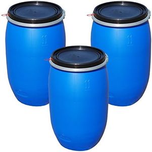 Lot de 3 Fûts alimentaire 120 L, ouverture totale, baril polyéthylène bleu (3x22120)