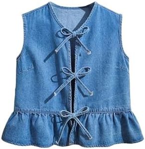 SHENHE Girl's Tie Front Bow Denim Vest Ruffle Hem Sleeveless Cute Summer Jean Tank Top Blue 9Y