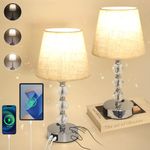 Bedside Table Lamps Set of 2, Crystal Touch Bedside Lamps for Bedrooms with USB C+A Charging Ports, Bed Side Lamp with 3 Way Dimmable, Bedroom Lamps with White Fabric Shade for Living Room (White)