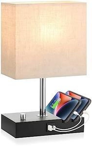 Kinsdan Bedside Table Lamp,Dimmable Table Lamp for Bedroom with 2 Phone Stands, with USB A and USB C Port, for Nightstand and Living Room, LED Bulb Included (Linen）