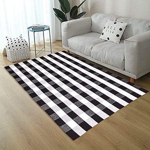 Levinis Cotton Washable Area Rugs Black and White Buffalo Checkered Rug Large Hand-Woven Lattice Plaid Floor Rugs Carpet for Living Room Bedroom, 5.6 x 7.5 Feet, 67"x 90"