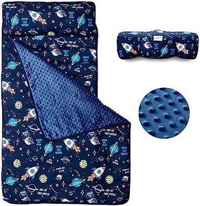 beeweed Toddler Nap Mat, Rollup Design Kid Sleeping Mat with Removable Pillow & Minky Blanket, Toddler Sleeping Bag for Daycare Preschool Travel Camping, Space Ship