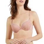 Maidenform Women's Love The Lift Underwire Demi Bra, Smoothing Lace-Trim Bra with Push-Up Cups, Sheer Pale Pink/Rose Gold, 32A