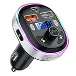 Bluetooth Car Adapter, SONRU Bluetooth 5.3 FM Transmitter for Car [Stronger Dual Mics + Metal Shell] PD 30W & QC3.0 Car Fast Charger Support Hands-Free Calling, LED Voltmeter & U Disk, 7 Color Lights