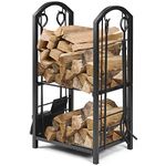 COSTWAY Firewood Log Rack with 4 Pcs Fireplace Tools, Wrought Iron Storage Logs Holder with Poker, Tong, Brush and Shovel, Indoor Outdoor Wood Storage Stacking Stand (Black)