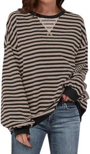 ANRABESS Women Striped Oversized Sweatshirt Long Sleeve Crewneck Hoodies Shirts 2024 Fall Pullover Top Trendy Preppy Clothes Black Grey Large
