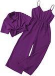 OYOANGLE Girl's 2 Piece Outfits Short Sleeve Button Down Shirt Crop Top and Wide Leg Pants Jumpsuit Set Purple 11-12Y