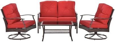 Outsunny 4 Piece PE Rattan Patio Furniture Set, Outdoor Wicker Sofa Set Conversation Furniture w/Two-Tier Table, Loveseat, 2 Swivel Rocking Chairs and Cushions, Red