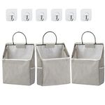 Facune 3 Pack Wall Hanging Storage Bags, Fabric Hanging Pocket Linen Cotton Wall Basket, Over Door Hanging Closet Organizer Containers with 6pcs Sticking Hooks for Dormitory Bathroom Bedroom (Grey)