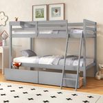 KOTEK Bunk Bed Twin Over Twin with 2 Storage Drawers, Solid Wood Bunk Bed Frame with Storage Cube, Guardrails, Ladder, No Box Spring Needed, Twin Bunk Beds for Kids Teens (Grey)