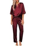 Ekouaer Satin Pajama Set Womens Silk Short Sleeve V Neck Shirt with Long Pant Soft Loungewear Pjs Set Wine Red