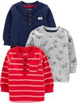 Simple Joys by Carter's Boys' 3-Pack Long Sleeve Shirts, Grey Dogs/Navy/Red Double Stripe, 12 Months