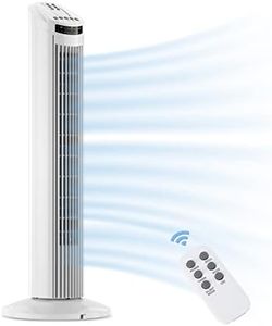 30'' Tower Fan, Portable Oscillating Quiet Cooling Fan with Remote, 3 Speeds, Built-in 0.5-7.5 Hours Timer, Space-Saving, LED Display with Floor Bladeless Fan, Touch Control, White
