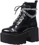 CYNLLIO Fashion Block Heel Platform Chain Combat Ankle Booties Women's Lace up Studded Motorcycle Boots Mid Calf Goth Boots