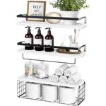 Bathroom Floating Shelves Wall Mounted, Wood Floating Shelves Over Toilet with Wire Storage Basket & Towel Holder,Rustic Floating Wall Shelf (White)