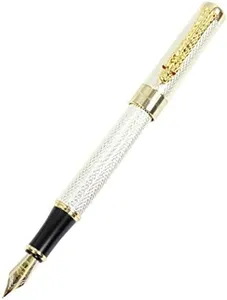 Gullor Golden Dragon Red Crystal Eyes Fountain Pen with Push in Style Ink Converter - Silver