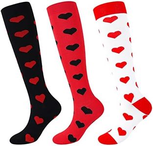 Junely Valentine Compression Socks for Women Knee High Heart Socks for Running Work Support Nurses Pregnancy Travel Sports Swelling Red White Black