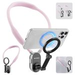 REYGEAK Magnetic Neck Cell Phone Holder, POV/Vlog Recording Necklace Lanyard Selfie Hand Free Neck Phone Mount Stand for iPhone 15 14 13 12 Pro Mini/Plus/Pro/Pro Max and Samsung Android (Pink)