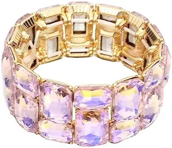 Enrwin Women’s Wedding Bridal Crystal Leaf Flower Stretch Bangle Elastic Wide Bracelet Jewelry for Brides Bridesmaid (Style2-Violet-Gold Plated, Alloy)