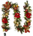 GarveeHome Prelit Christmas Garland for Mantle, 9 Ft Battery Operated Xmas Garland with Lights Red Gold Ball Ornaments Poinsettia Flower for Fireplace Front Door Stairs Railing Indoor Outdoor Decor