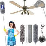 Fulminare 6 in 1 Microfiber Feather Duster 6 PCS Bendable & Extendable Fan Cleaning Brush with 100 inches Expandable Pole Handle Washable Mop for High Ceiling Fans (Bisop)