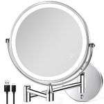 8.5 Inch Rechargeable Wall Mounted Lighted Makeup Mirror, Double-Sided 1X/10X LED Magnifying Vanity Mirror with Lights, 3 Color Lights Touch Screen Dimmable 360°Swivel 18 Inch Extendable