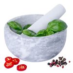 Homiu Marble Pestle And Mortar Set | Premium Solid Stone Grinder Bowl | Herb Grinder Kitchen | Large 15.5cm Diameter | Ideal for Guacamole Spice Herb Ginger Garlic Crusher