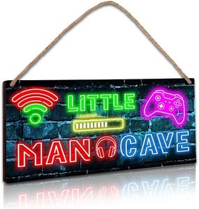 Little Man Cave, 6 * 12 Neon Gaming Wooden Door Sign for Nursery Decor, Video Game Hanging Wall Art Decor for Kids Toddler Boys Bedroom Playroom Living Room Decorations - A04