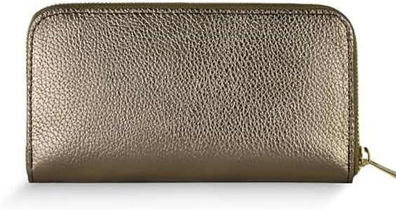 TAKEASY Italian Genuine Metallic Leather Wallet for Women with 3 Compartments & Zip Close | Small Rectangular Card Holder (Bronze)