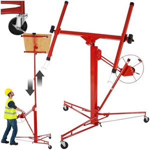 tectake® Plasterboard Lifter with Winch Wheel, Brake, Adjustable Load Arms, Stable Base, Three Swivel Castors with Parking Brakes & Foldable Legs - Drywall Hoist with 68kg Load Capacity - Red