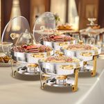 WARMOUNTS Gold Chafing Dishes for Buffet, 5QT 4 Pack Round Chafing Dish Buffet Set w/Glass Lid & Lid Holder, Thickened Stainless Steel Chafers and Buffet Warmers Sets for Weddings, Events, Banquet