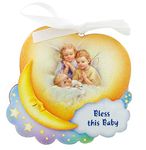 Needzo Bless This Baby with Guardian Angels Hanging Wooden Crib Medal with Prayer Card, 3 3/4 Inch