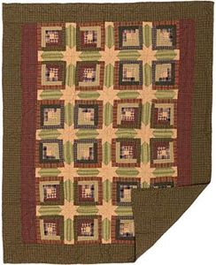 VHC Brands Tea Cabin Throw Quilted 60x50 Log Cabin Country Rustic Lodge Design, Moss Green and Deep Red