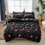 Strawberry Bedding Set Queen Size Red and Black Kawaii Strawberry Bedding Comforter Cover for Kids Girls Women Bedroom Decor Cute Sweet Tropical Fruit Duvet Cover Soft Reversible (No Comforter)