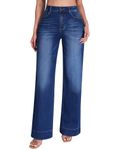 roswear Women's Wide Leg Jeans Casual High Waisted Stretchy Baggy Loose Long Trouser Jeans, Blue, M